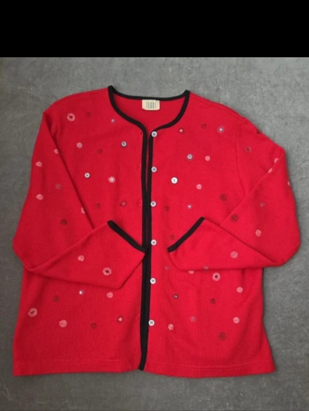 Teddi Red Cardigan with Black Trim and Sequin Dots